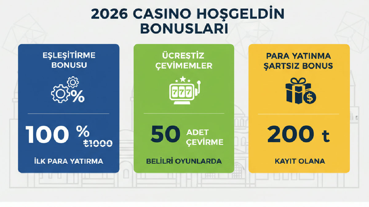Farklı casino hoş geldin bonusu türleri ve 2026 yılına ait avantajlarını gösteren bir grafik